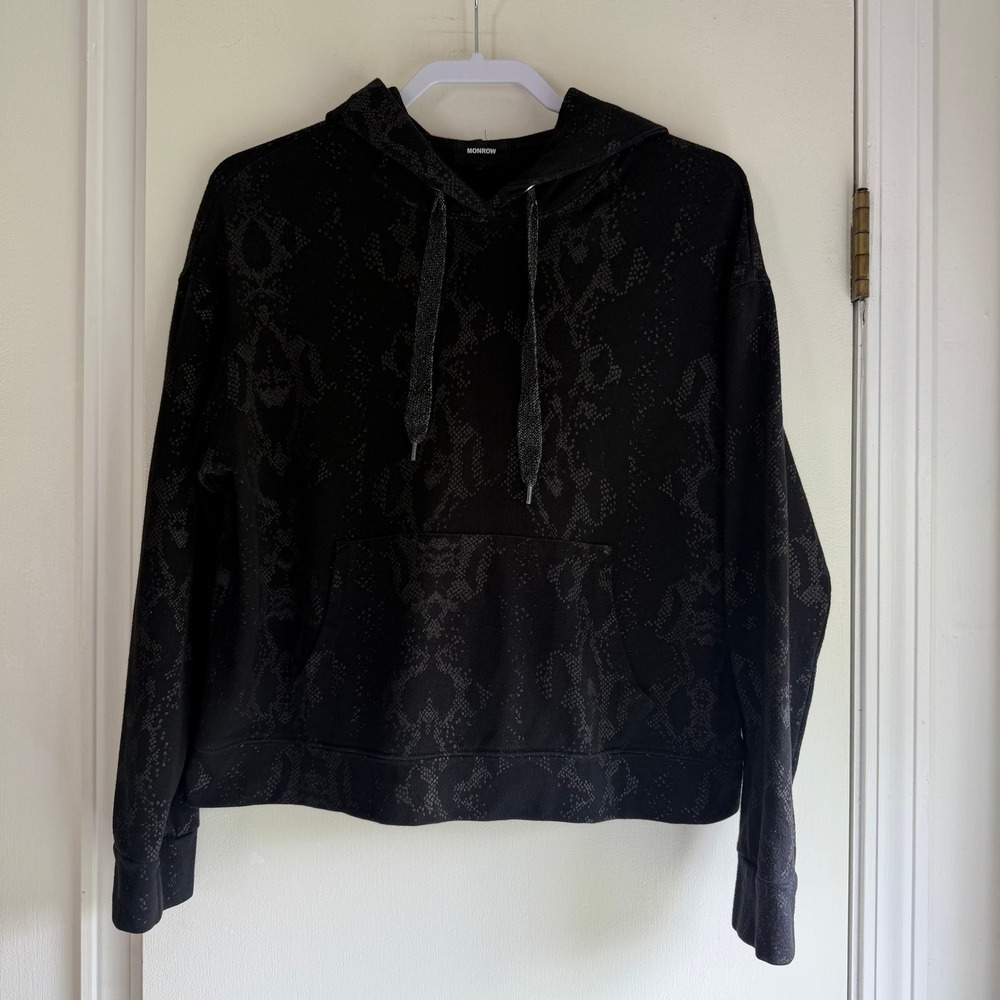 Monrow Womens Black Snakeskin Print Hoodie Relaxed Fit Pullover HT0637-7 Small